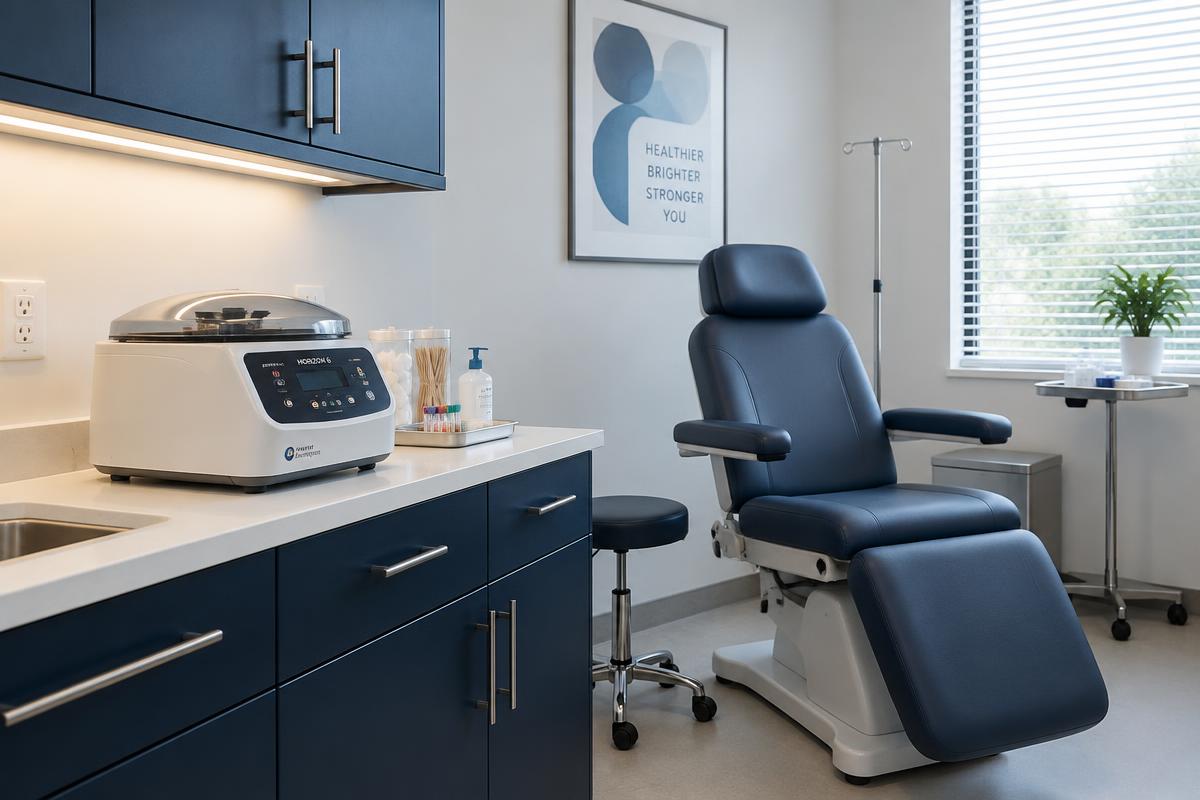 Private treatment room at Plasma Clinic with medical centrifuge and examination chair